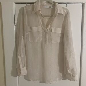 New York & Company Cream‎ Sheer PinStripe Top Small